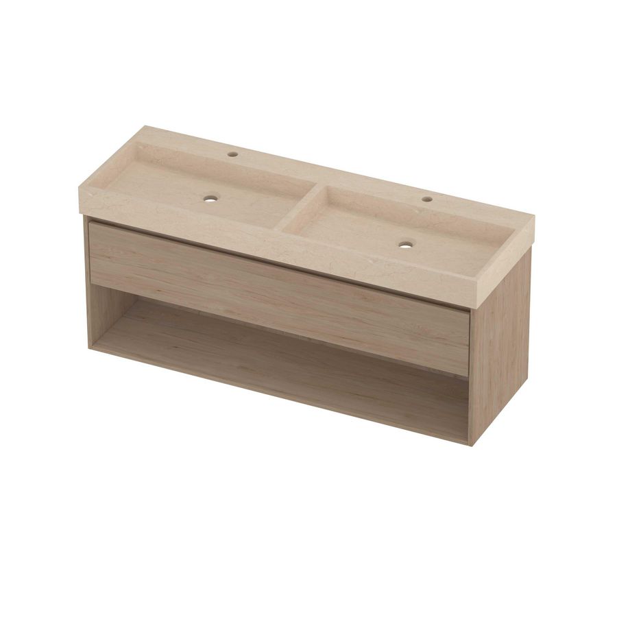 Evoli Set hardsteen Loft wastafel dubbele wasbak met 2 kraangaten en onderkast met schap 1400x460x620mm Sand stone/Ideal oak