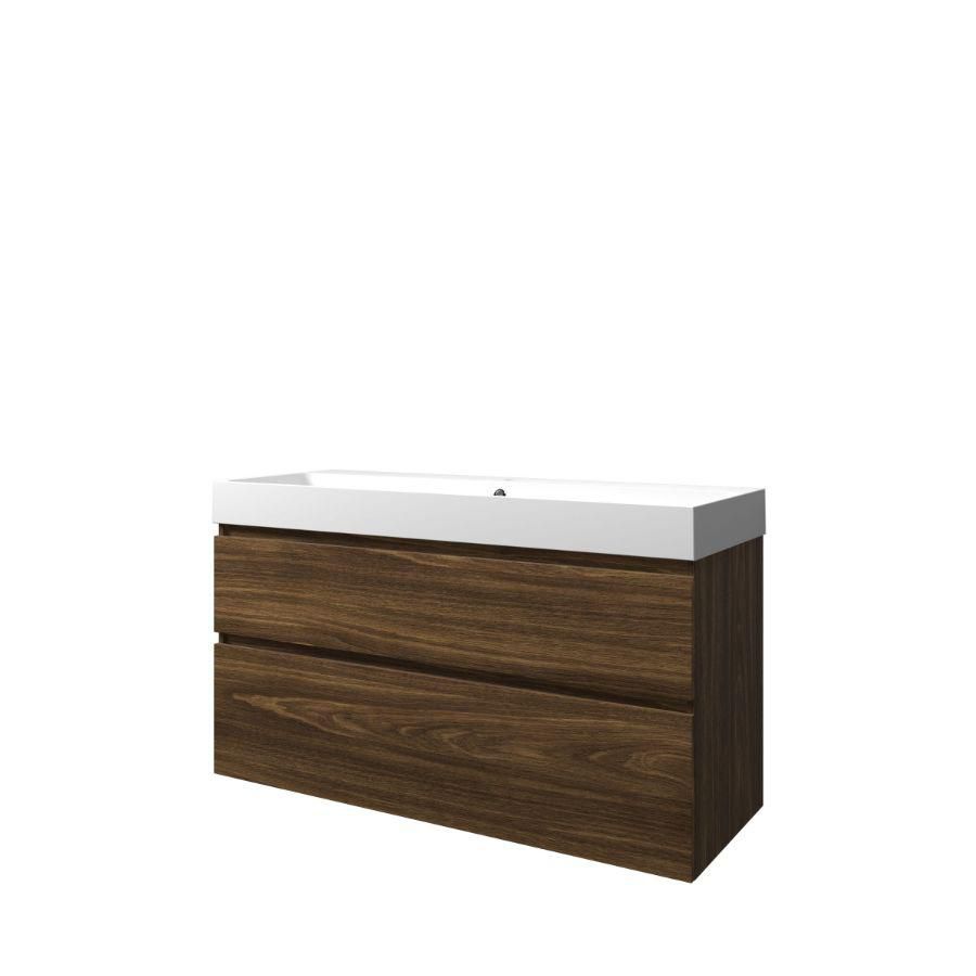 Set Proline polystone Loft enkele wastafel mat wit met 1 kraangat onderkast asymmetrisch cabana oak 120x46cm