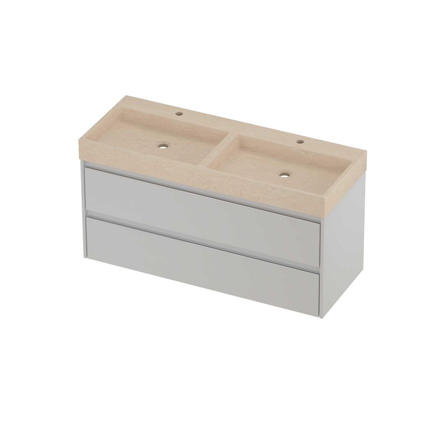 Evoli Set hardsteen Loft wastafel dubbele wasbak met 2 kraangaten en onderkast symmetrisch 1200x460x620mm Sand stone/glans wit