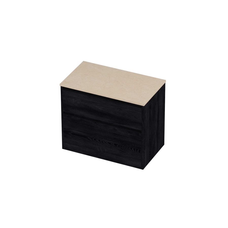 Deck Set Top afdekplaat hardsteen en onderkast greeploos 2 laden a-symmetrisch in kader 800x460x670mm Sand stone/Black oak