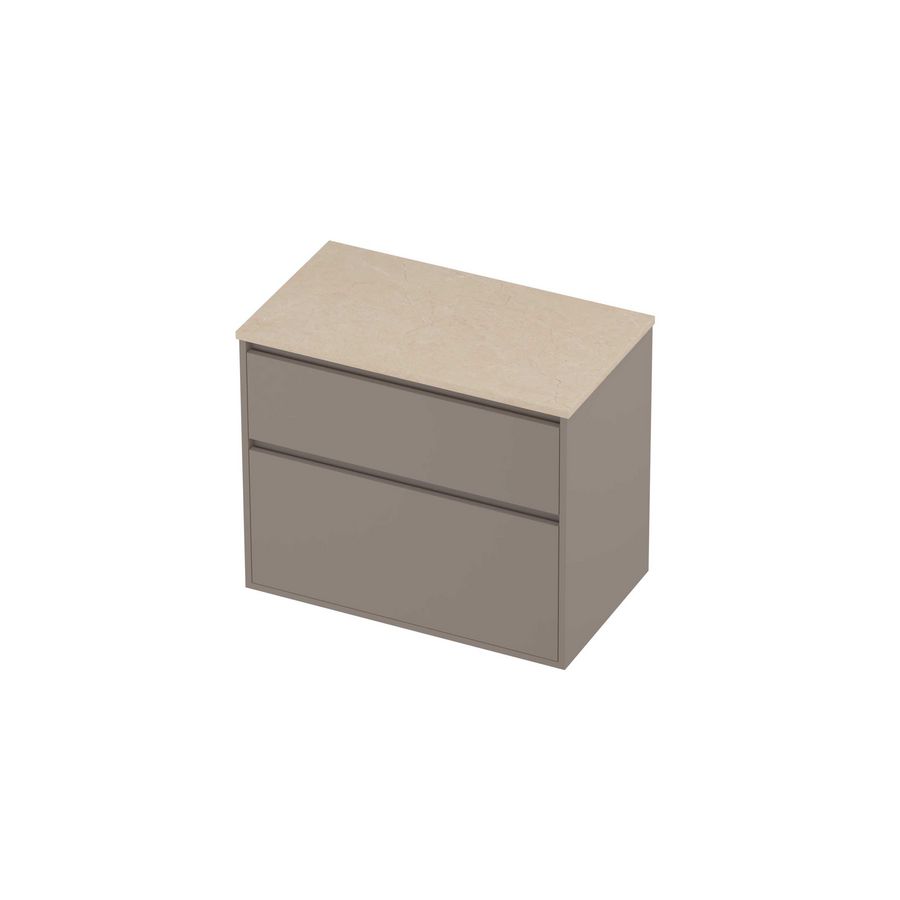 Deck Set Top afdekplaat hardsteen en onderkast greeploos 2 laden a-symmetrisch in kader 800x460x670mm Sand stone/Clay beige