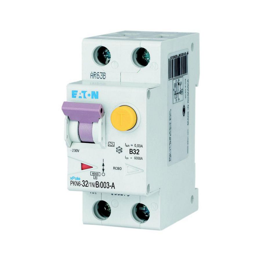 Aardlekautomaat (RCBO) PKN6 B-kar., 32A, 30mA, 2P incl. N, 6 kA, type Eaton