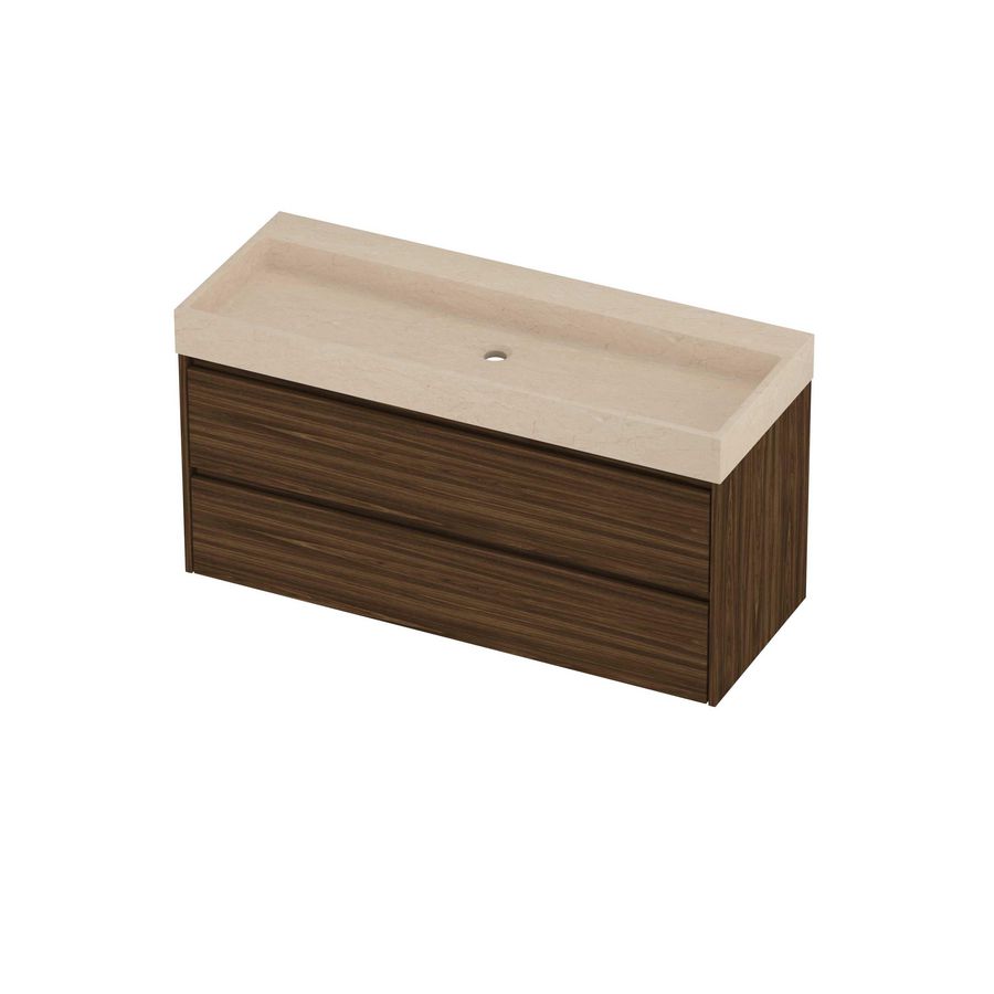 Evoli Set hardsteen Loft wastafel centraal zonder kraangat en onderkast symmetrisch 1200x460x620mm Sand stone/Cabana oak