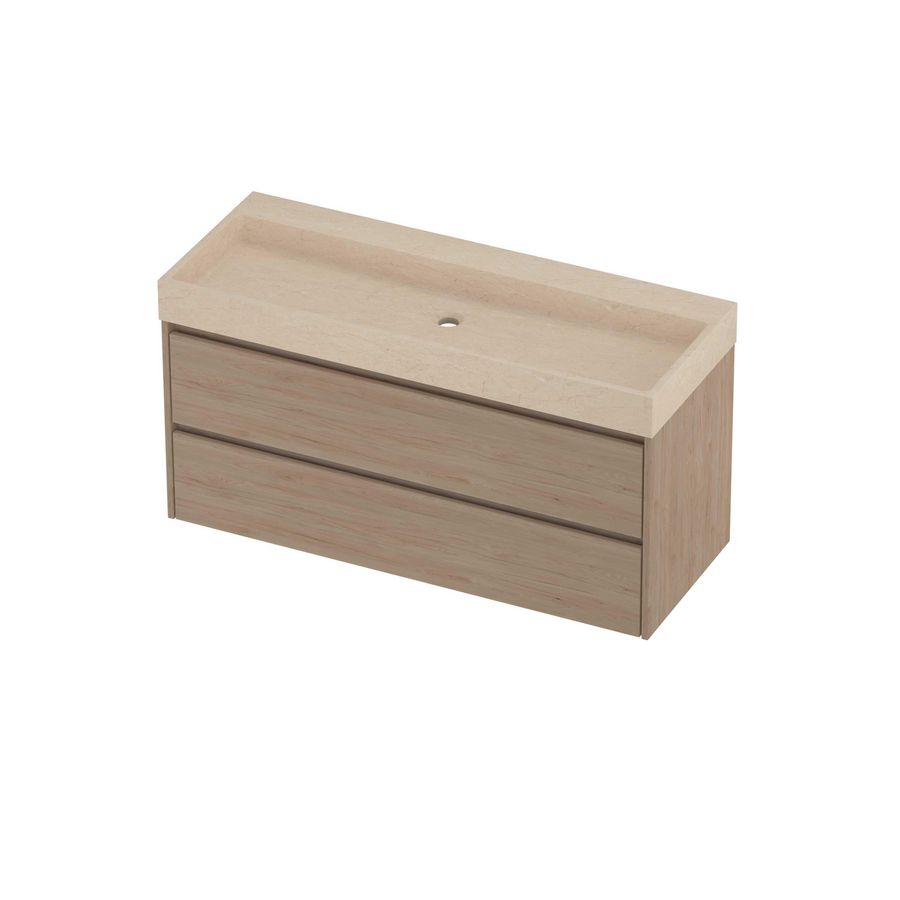 Evoli Set hardsteen Loft wastafel centraal zonder kraangat en onderkast symmetrisch 1200x460x620mm Sand stone/Ideal oak