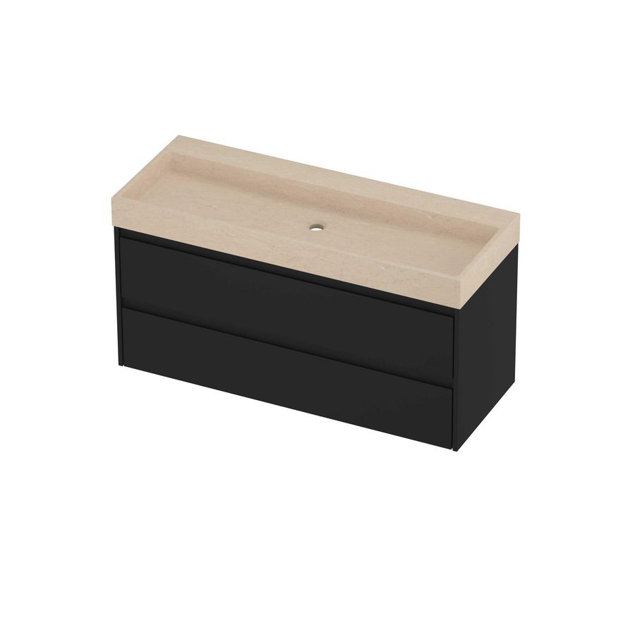 Evoli Set hardsteen Loft wastafel centraal zonder kraangat en onderkast symmetrisch 1200x460x620mm Sand stone/mat zwart