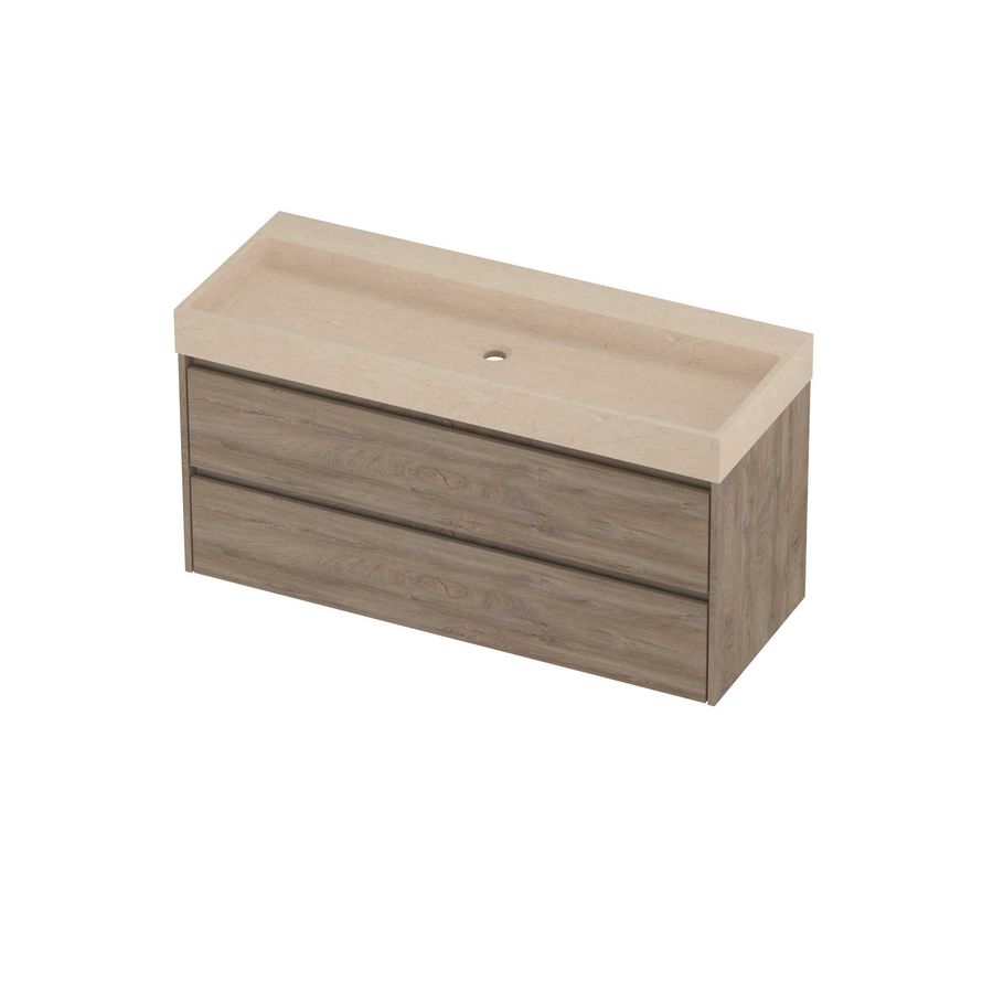 Evoli Set hardsteen Loft wastafel centraal zonder kraangat en onderkast symmetrisch 1200x460x620mm Sand stone/Raw oak