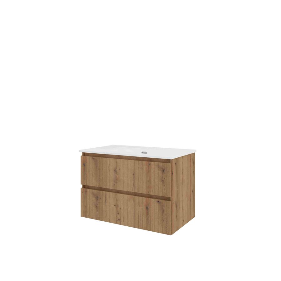 Porselein wastafel 1 kraangat onderkast symmetrisch 800X460X540 Urban oak / glans wit