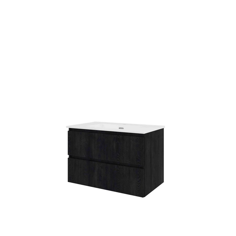 Porselein wastafel 1 kraangat onderkast symmetrisch 800X460X540 charcoal oak / glans wit