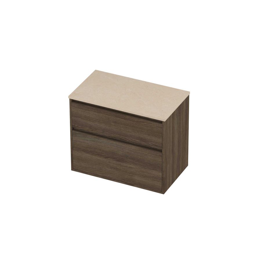 Deck Set Top afdekplaat hardsteen en onderkast greeploos 2 laden a-symmetrisch in kader 800x460x670mm Sand stone/Vital oak
