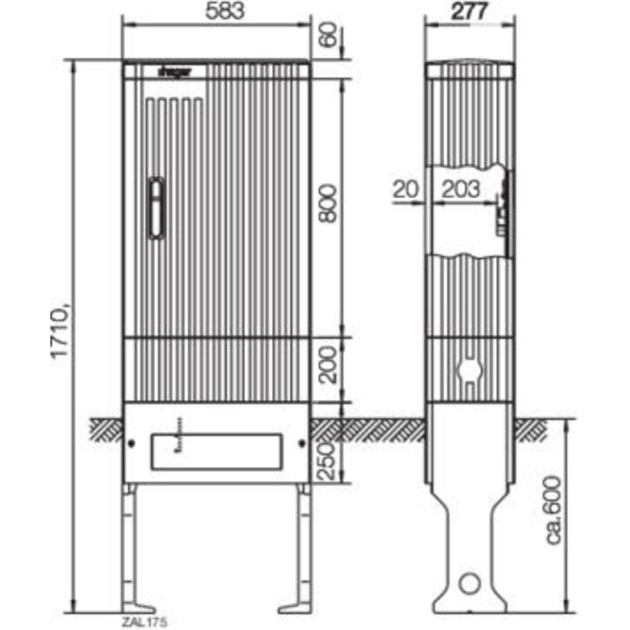 Polyester verdeelzuil bouwgrootte 175 leeg 1710x583x277 mm