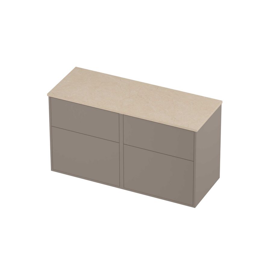 Deck Set Top afdekplaat hardsteen en onderkast tbv grepen 4 laden a-symmetrisch in kader 1200x460x670mm Sand stone/Clay beige