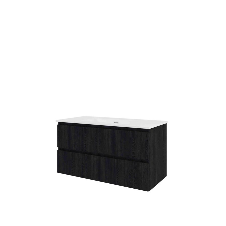 Porselein wastafel 1 kraangat onderkast symmetrisch 1000X460X540 charcoal oak / glans wit