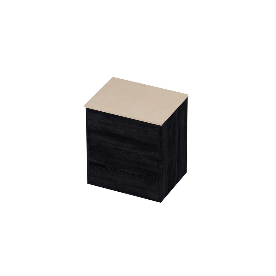 Deck Set Top afdekplaat hardsteen en onderkast tbv grepen 2 laden a-symmetrisch in kader 600x460x670mm Sand stone/Black oak