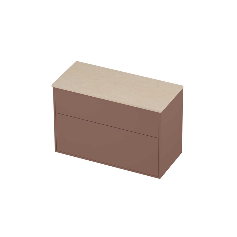Deck Set Top afdekplaat hardsteen en onderkast tbv grepen 2 laden a-symmetrisch in kader 1000x460x670mm Sand stone/Beauty blush