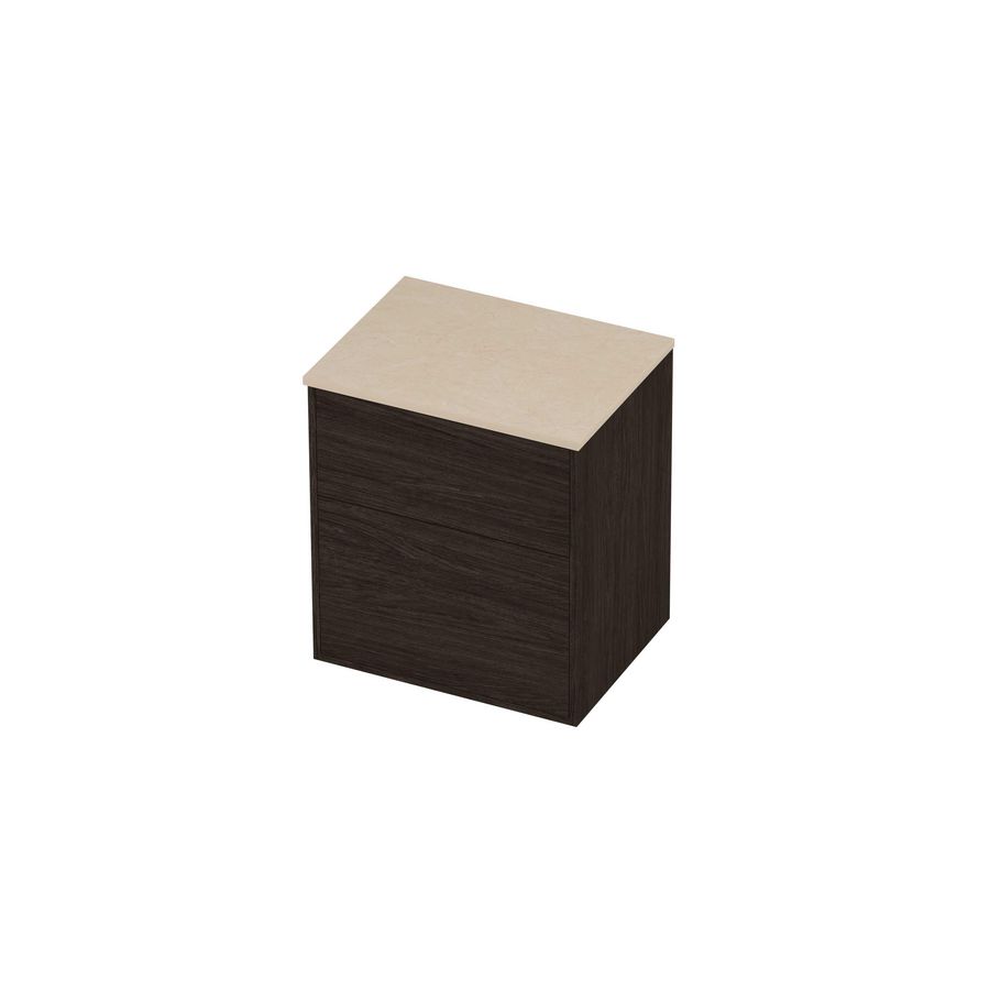 Deck Set Top afdekplaat hardsteen en onderkast tbv grepen 2 laden a-symmetrisch in kader 600x460x670mm Sand stone/Mokka oak