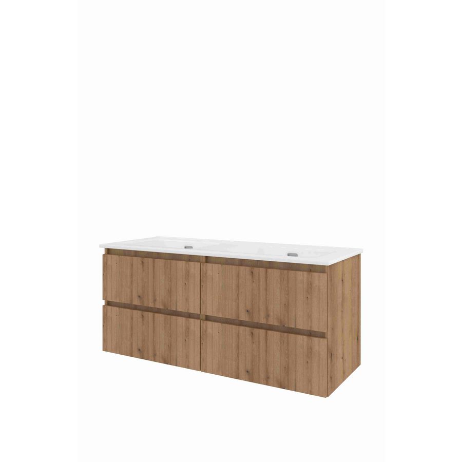 Porselein wastafel dubbel zonder kraangat onderkast 1200X460X540 Urban oak / glans wit