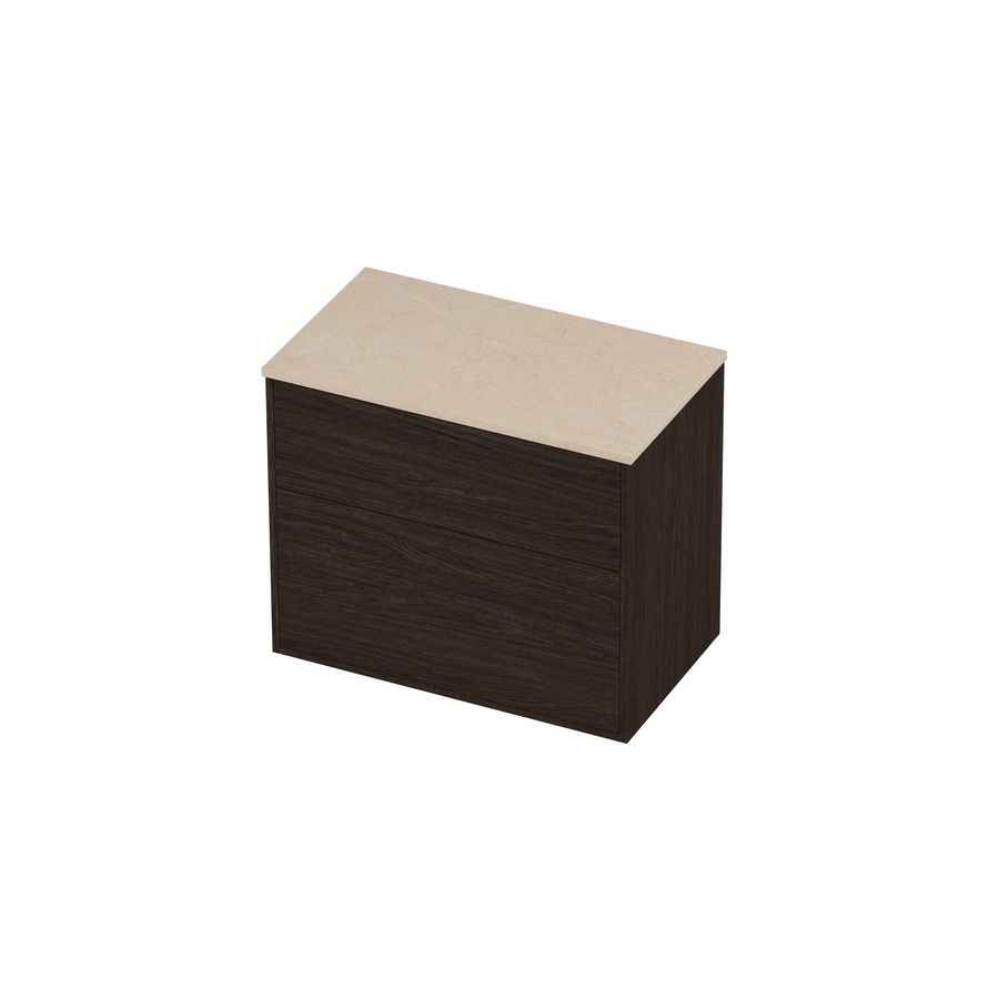 Deck Set Top afdekplaat hardsteen en onderkast tbv grepen 2 laden a-symmetrisch in kader 800x460x670mm Sand stone/Mokka oak