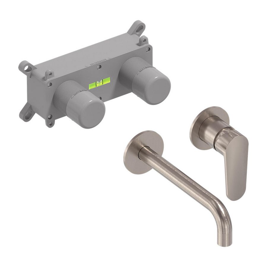 Wandmengkraanset FORMA 2-gats geborsteld nickel PVD incl. inbouwbox (mengdeel rechts/ uitloop links) MAY