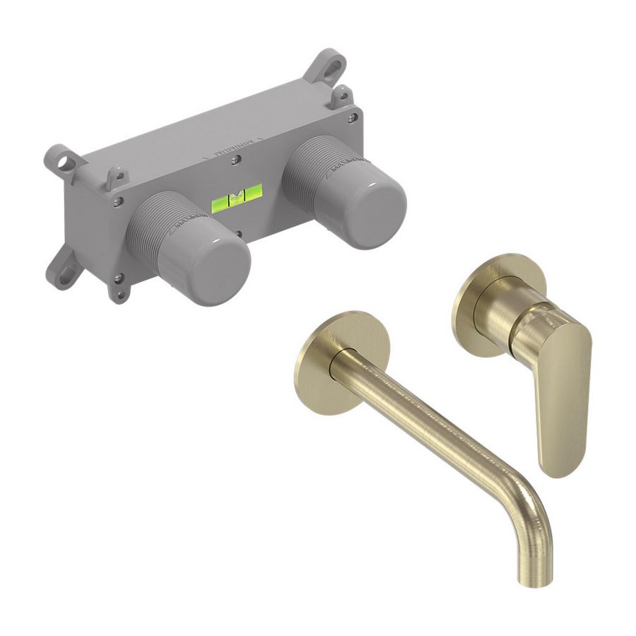 Wandmengkraanset FORMA 2-gats geborsteld mat goud PVD incl. inbouwbox (mengdeel rechts/ uitloop links) MAY