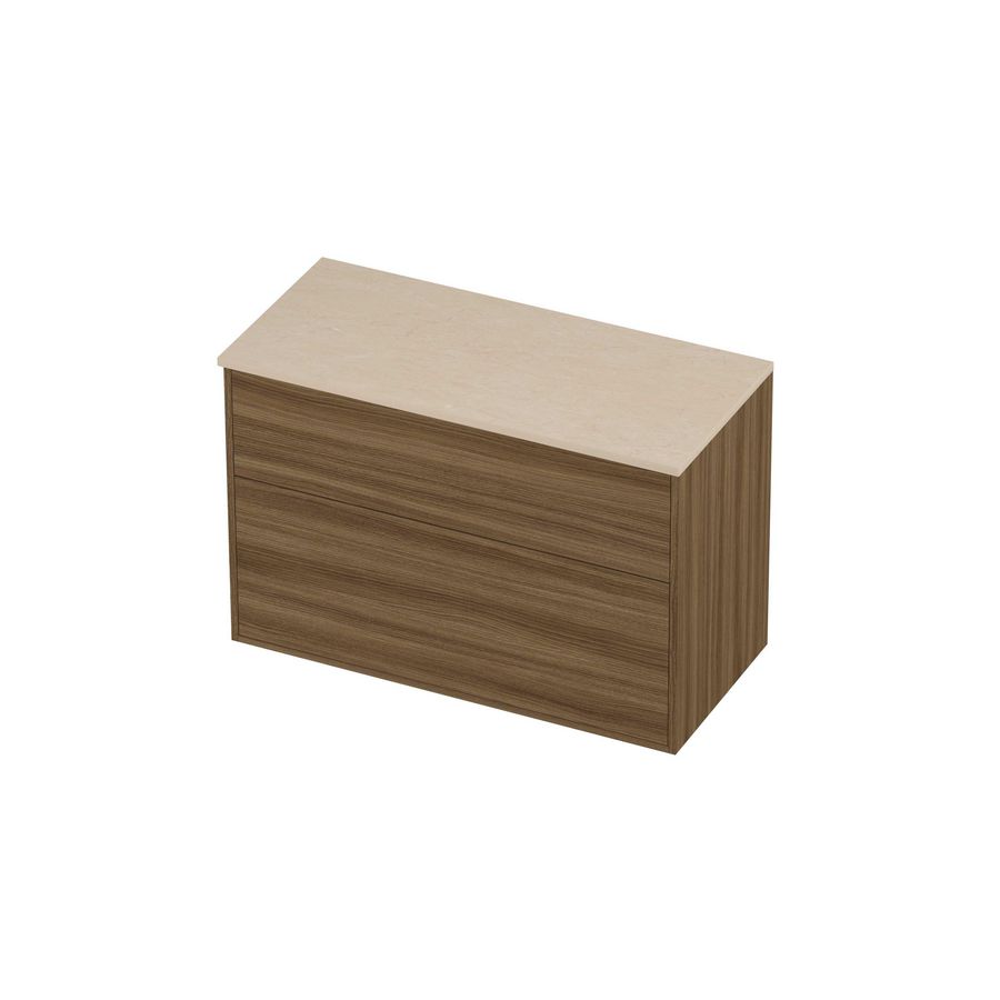 Deck Set Top afdekplaat hardsteen en onderkast tbv grepen 2 laden a-symmetrisch in kader 1000x460x670mm Sand stone/Caramel walnut