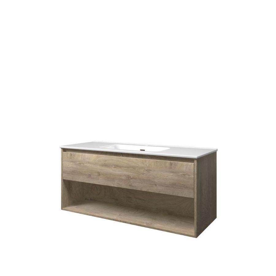 Set Proline porselein Elegant enkele wastafel wit met 1 kraangat onderkast 1x lade+schap raw oak 120x46cm