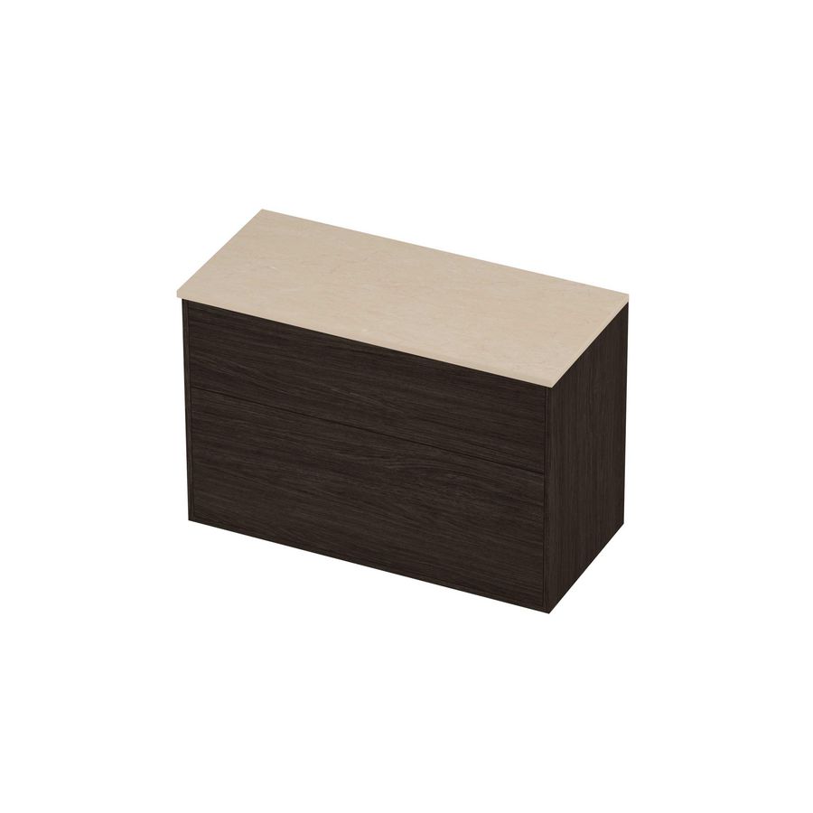 Deck Set Top afdekplaat hardsteen en onderkast tbv grepen 2 laden a-symmetrisch in kader 1000x460x670mm Sand stone/Mokka oak
