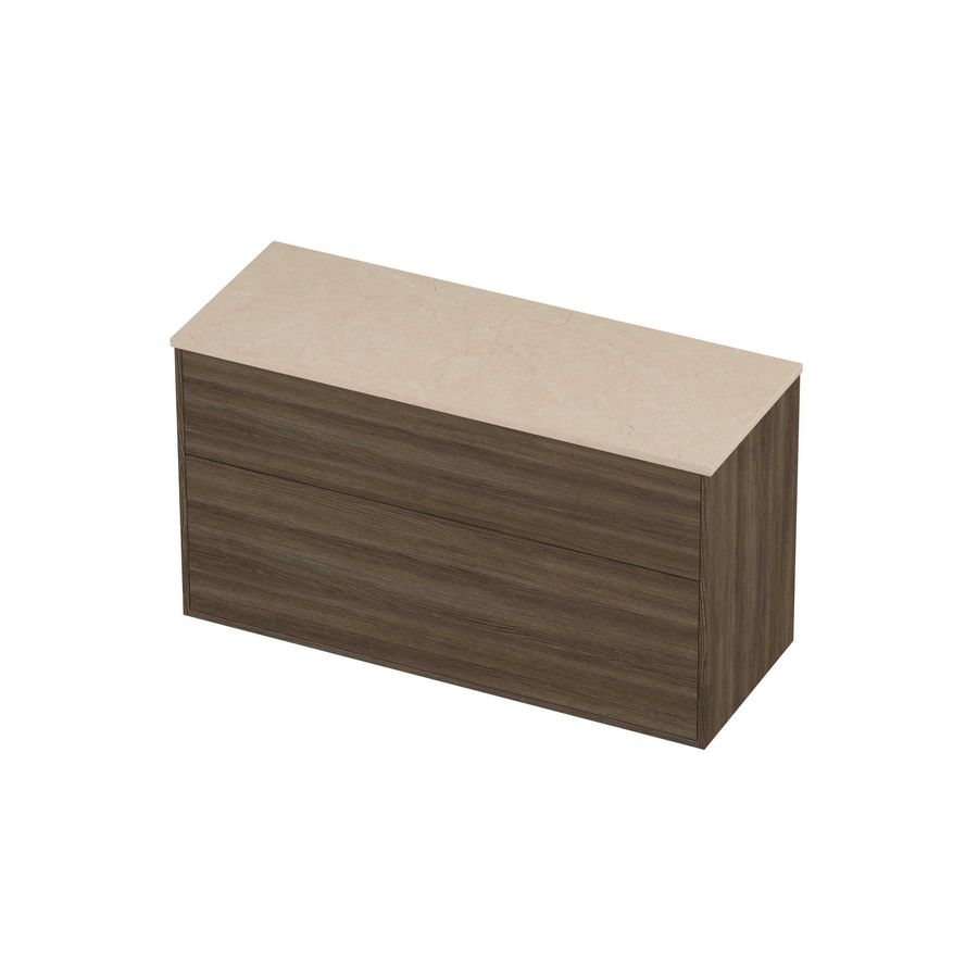 Deck Set Top afdekplaat hardsteen en onderkast tbv grepen 2 laden a-symmetrisch in kader 1200x460x670mm Sand stone/Vital oak
