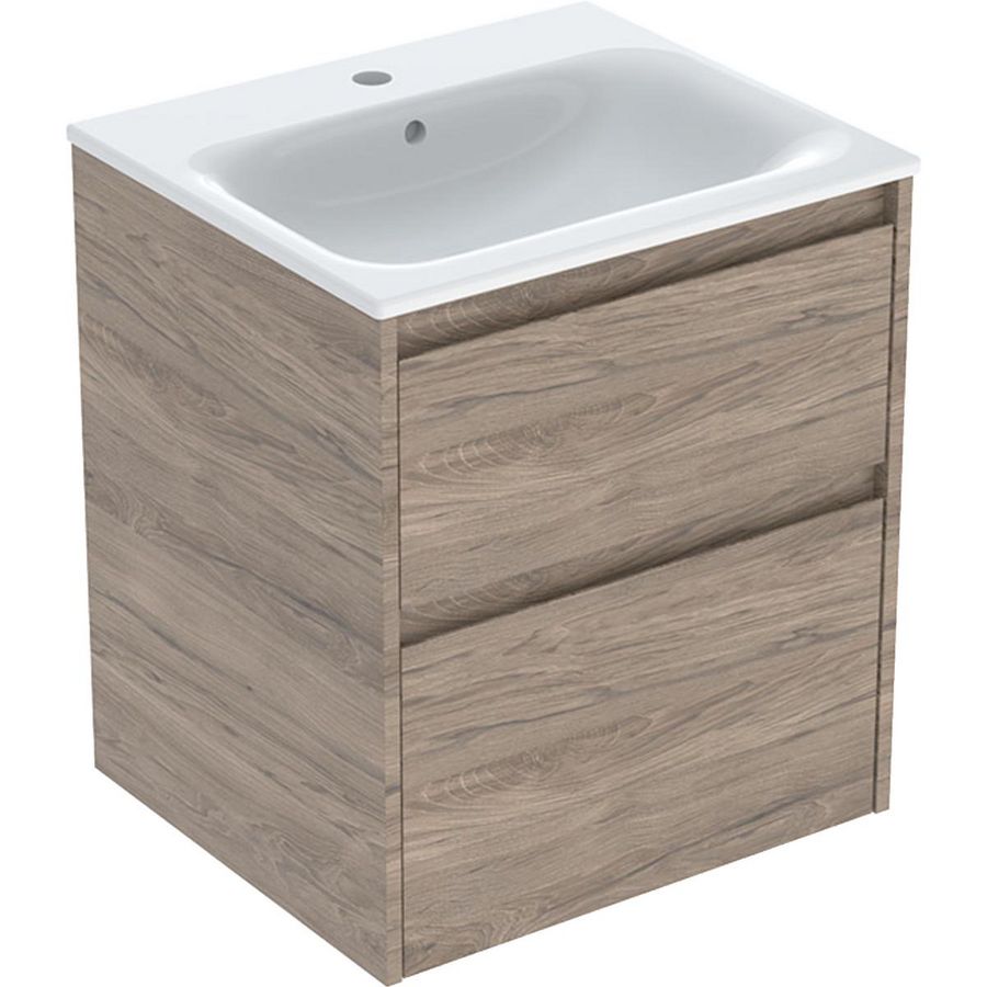 set meubelwastafel smalle rand met onderkast 2x la: 55x62.1x48cm Breedte wastafel=55cm Wastafel: wit / KeraTect Corpus Front: walnoot hickory / Melamine houtstructuur
