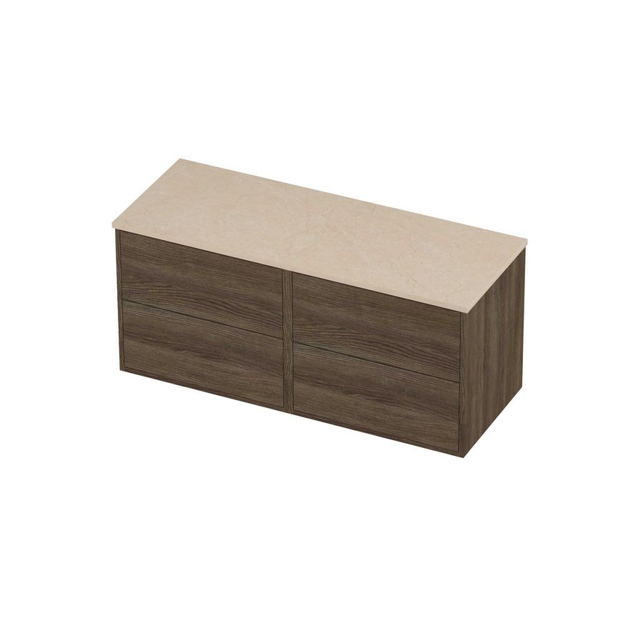 Deck Set Top afdekplaat hardsteen en onderkast tbv grepen 4 laden symmetrisch in kader 1200x460x540mm Sand stone/Vital oak