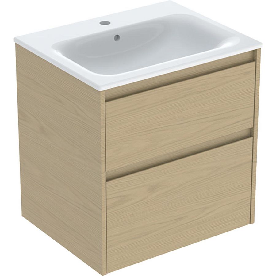 set meubelwastafel smalle rand met onderkast 2x la: 60x62.1x48cm Breedte wastafel=60cm Wastafel: wit Corpus Front: eik naturel / Melamine houtstructuur