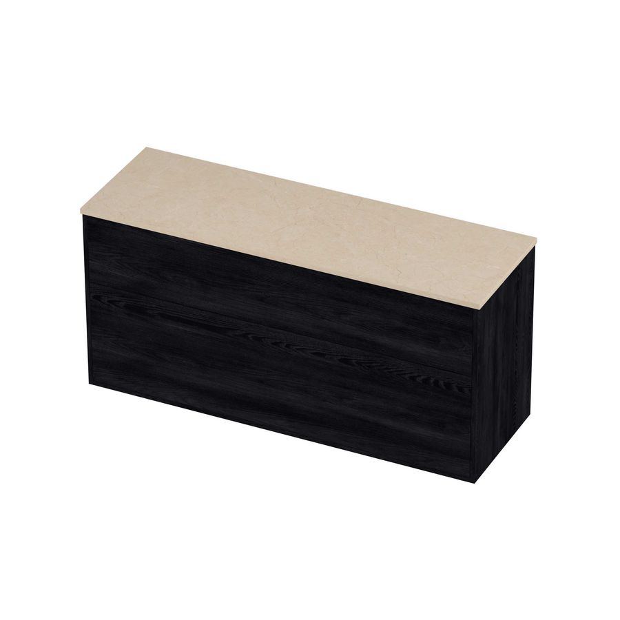 Deck Set Top afdekplaat hardsteen en onderkast tbv grepen 2 laden a-symmetrisch in kader 1400x460x670mm Sand stone/Black oak