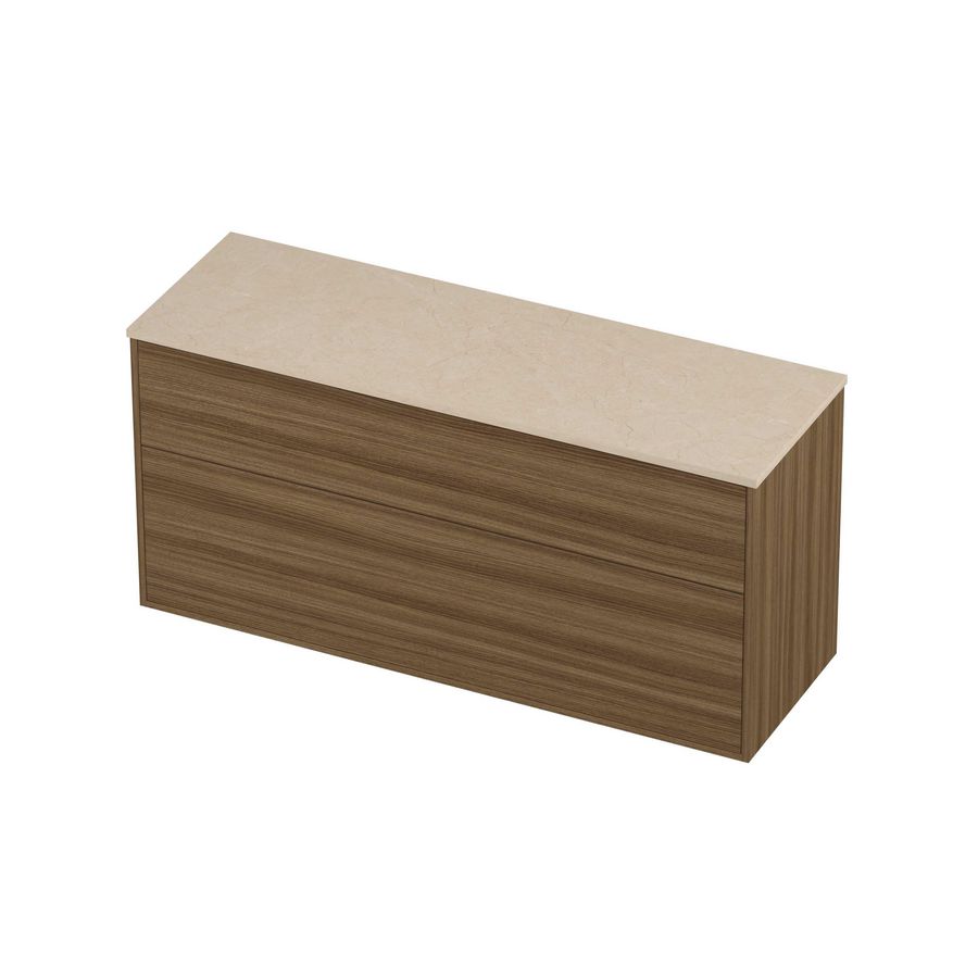 Deck Set Top afdekplaat hardsteen en onderkast tbv grepen 2 laden a-symmetrisch in kader 1400x460x670mm Sand stone/Caramel walnut