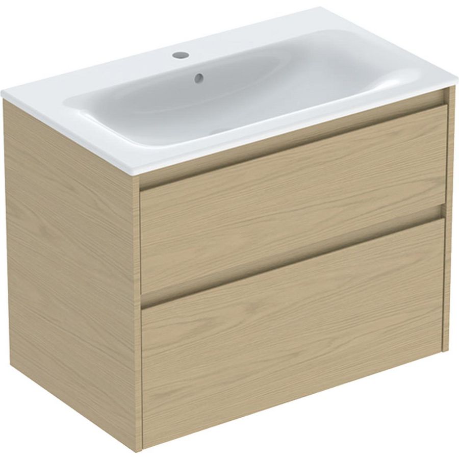 set meubelwastafel smalle rand met onderkast 2x la: 80x62.1x48cm Breedte wastafel=80cm Wastafel: wit Corpus Front: eik naturel / Melamine houtstructuur