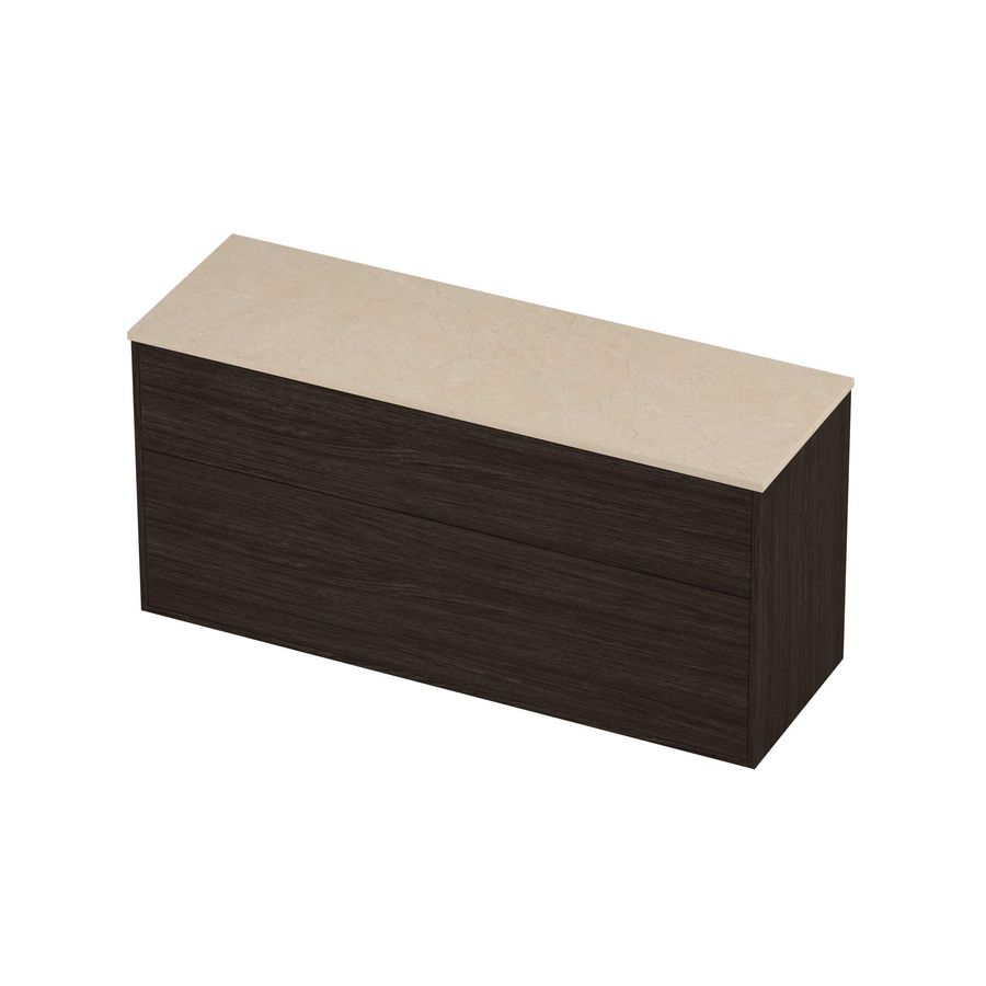 Deck Set Top afdekplaat hardsteen en onderkast tbv grepen 2 laden a-symmetrisch in kader 1400x460x670mm Sand stone/Mokka oak