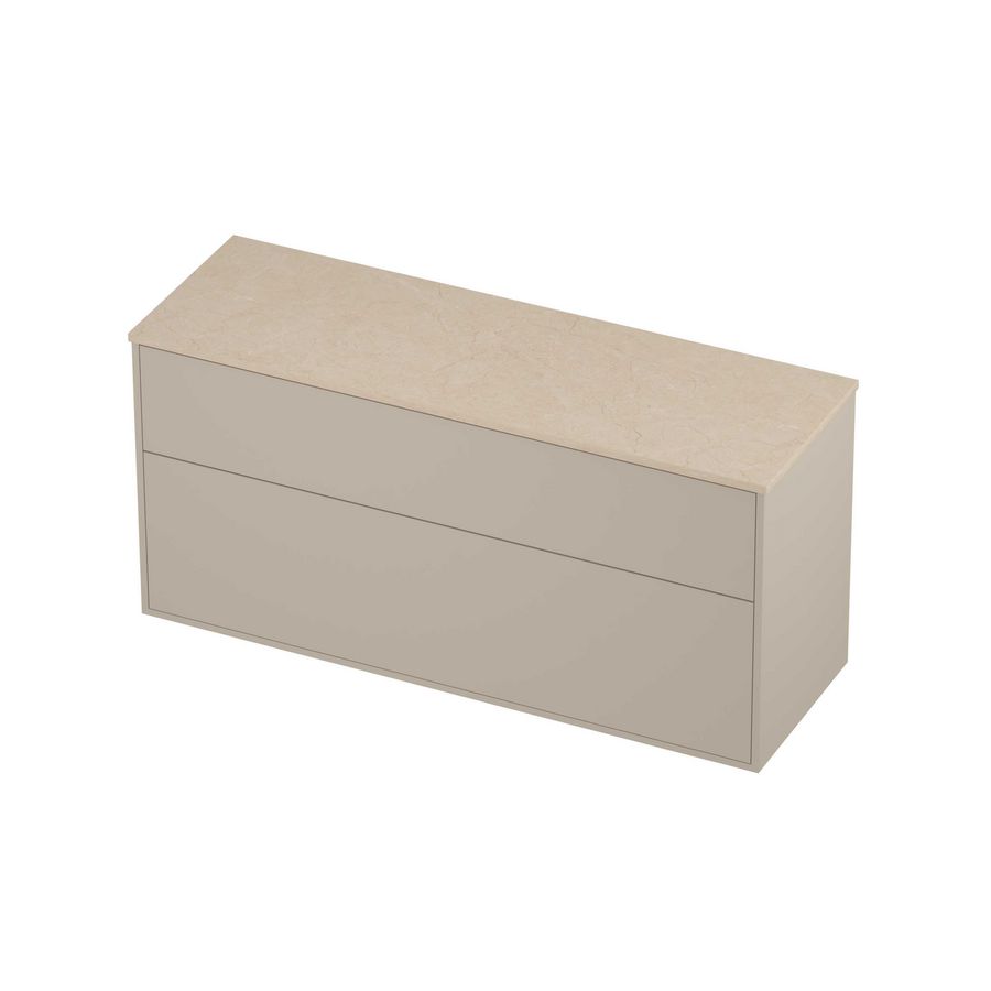 Deck Set Top afdekplaat hardsteen en onderkast tbv grepen 2 laden a-symmetrisch in kader 1400x460x670mm Sand stone/Soft linen