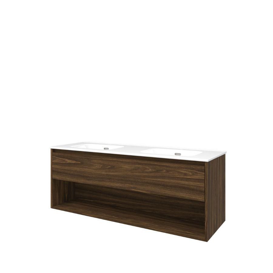 Set Proline porselein Elegant dubb. wastafel wit met 2 kraangaten onderkast 1x lade+schap cabana oak 140x46cm