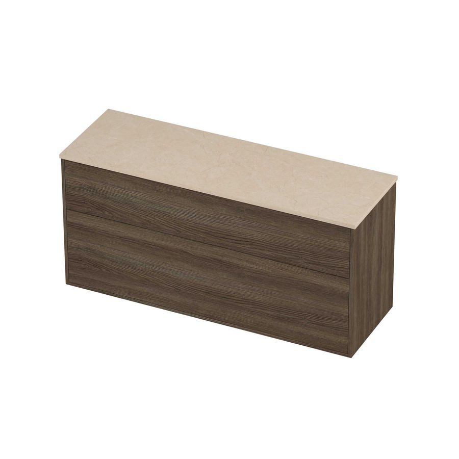 Deck Set Top afdekplaat hardsteen en onderkast tbv grepen 2 laden a-symmetrisch in kader 1400x460x670mm Sand stone/Vital oak
