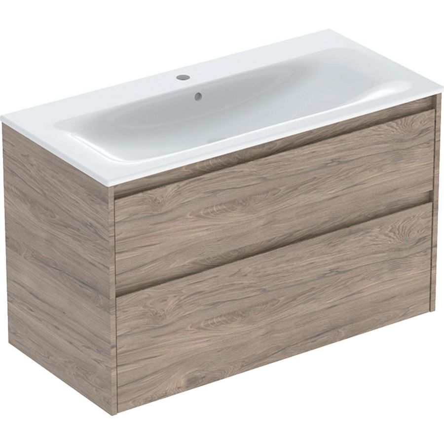 set meubelwastafel smalle rand met onderkast 2x la: 100x62.1x48cm Breedte wastafel=100cm Wastafel: wit Corpus Front: walnoot hickory / Melamine houtstructuur
