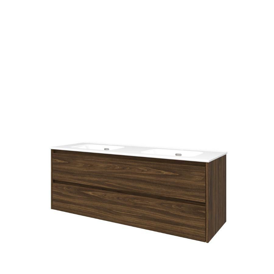 Set Proline porselein Elegant dubb. wastafel wit met 2 kraangaten onderkast symmetrisch cabana oak 140x46cm
