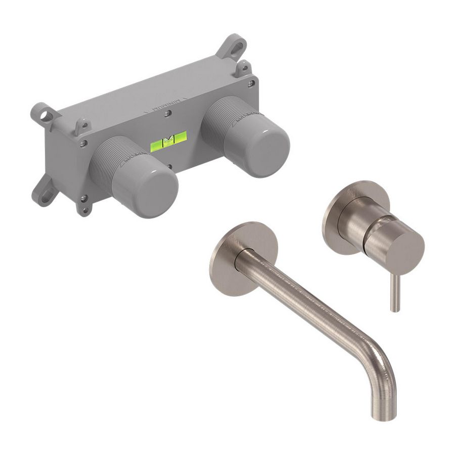 Wandmengkraanset STILO  geborsteld nickel PVD incl. inbouwbox (mengdeel rechts/ uitloop links) MAY
