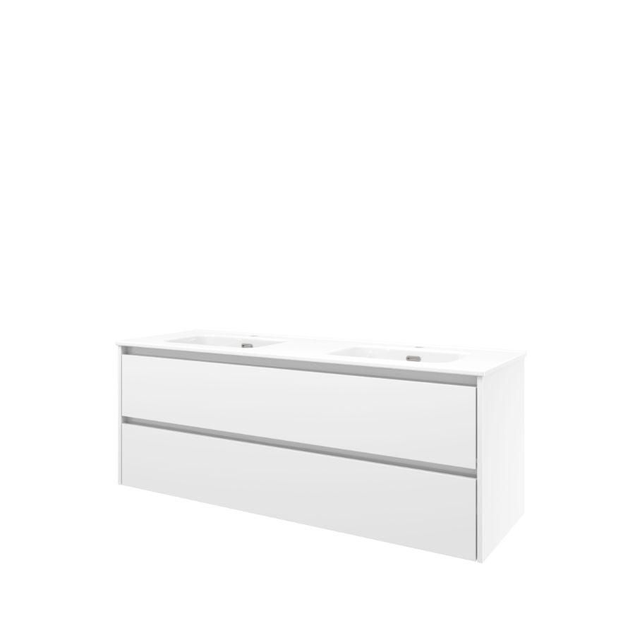 Set Proline porselein Elegant dubb. wastafel wit met 2 kraangaten onderkast symmetrisch glans wit 140x46cm