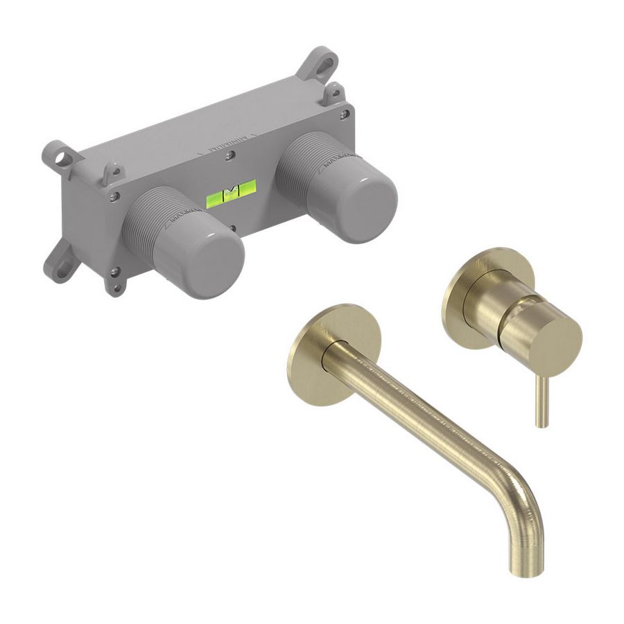 Wandmengkraanset STILO  geborsteld mat goud PVD incl. inbouwbox (mengdeel rechts/ uitloop links) MAY