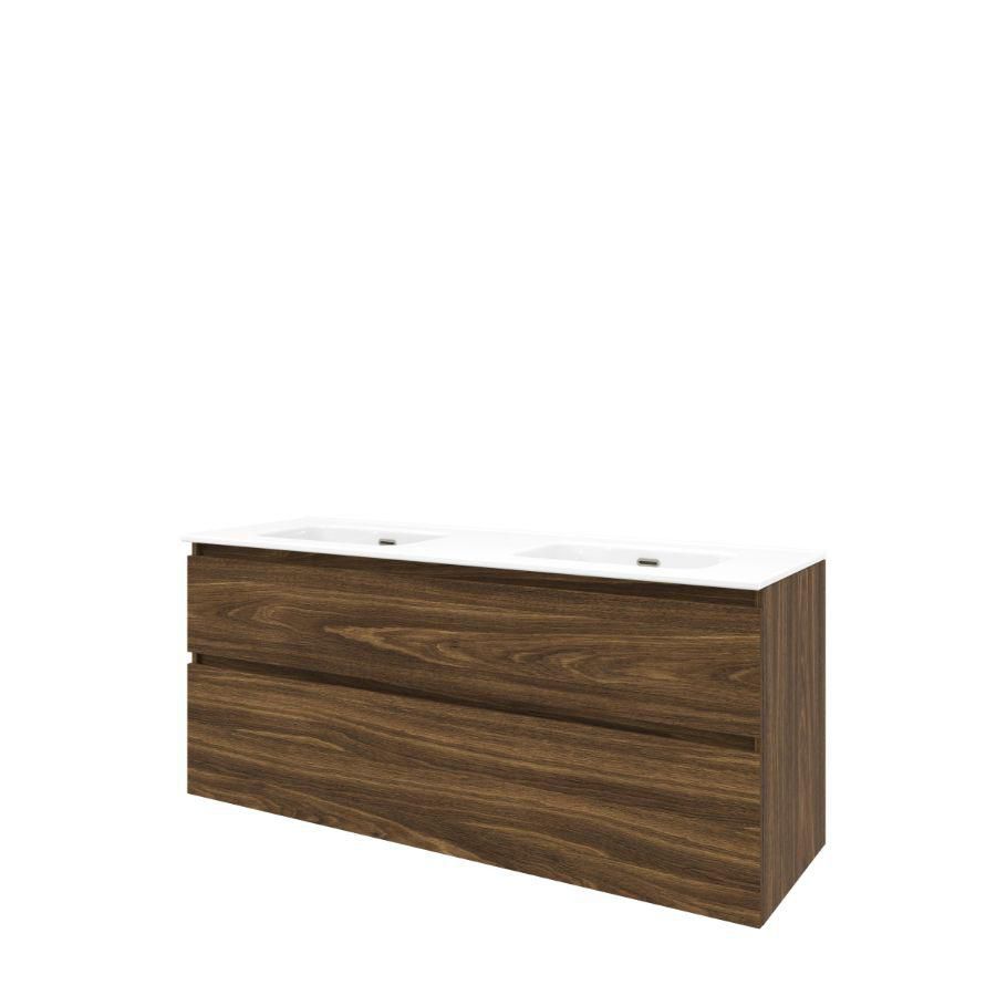 Set Proline porselein Elegant dubb. wastafel wit zonder kraangat onderkast asymmetrisch cabana oak 140x46cm