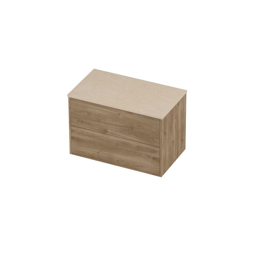 Deck Set Top afdekplaat hardsteen en onderkast tbv grepen 2 laden symmetrisch in kader 800x460x540mm Sand stone/Cider oak