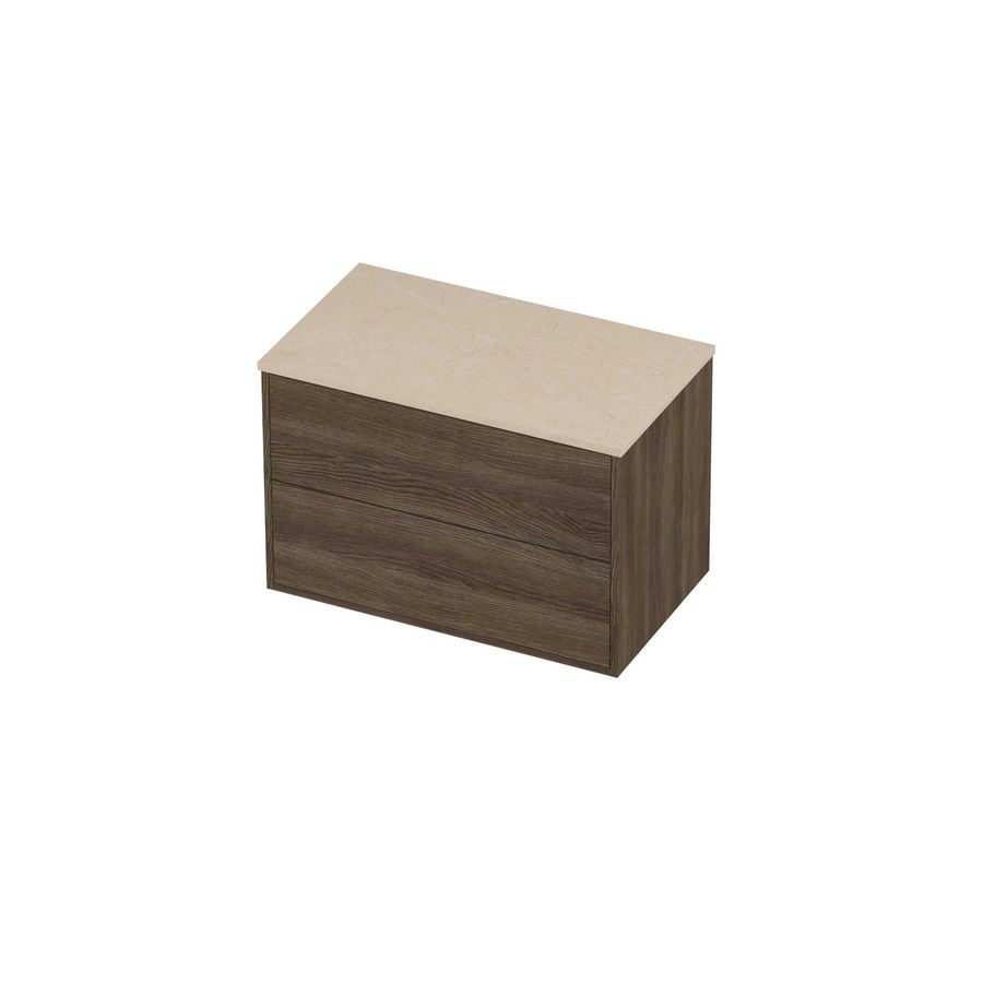 Deck Set Top afdekplaat hardsteen en onderkast tbv grepen 2 laden symmetrisch in kader 800x460x540mm Sand stone/Vital oak