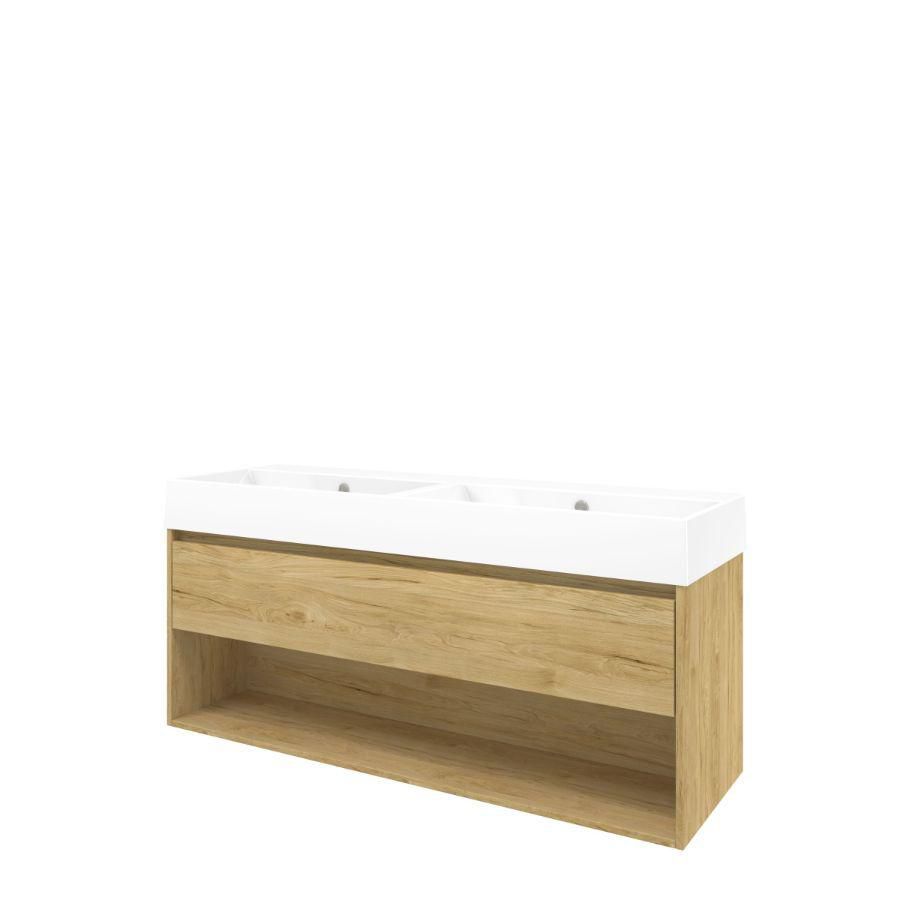 Set Proline porselein Loft dubb. wastafel wit zonder kraangat onderkast 1x lade+schap ideal oak 140x46cm