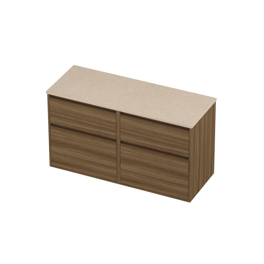Deck Set Top afdekplaat hardsteen en onderkast greeploos 4 laden a-symmetrisch in kader 1200x460x670mm Sand stone/Caramel walnut