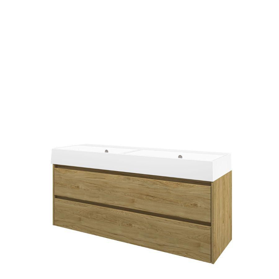 Set Proline porselein Loft dubb. wastafel wit zonder kraangat onderkast symmetrisch Ideal oak 140x46cm