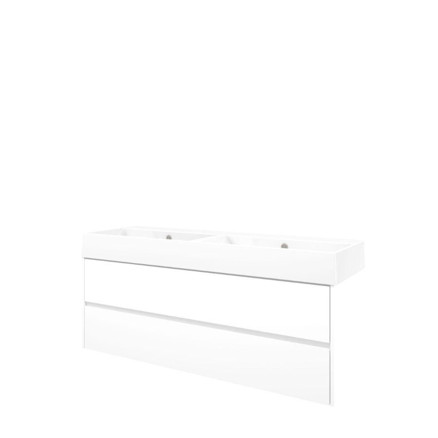 Set Proline porselein Loft dubb. wastafel wit zonder kraangat onderkast symmetrisch mat wit 140x46cm