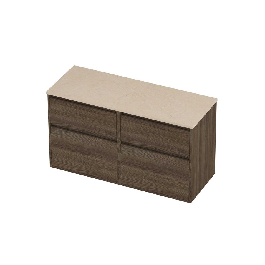 Deck Set Top afdekplaat hardsteen en onderkast greeploos 4 laden a-symmetrisch in kader 1200x460x670mm Sand stone/Vital oak